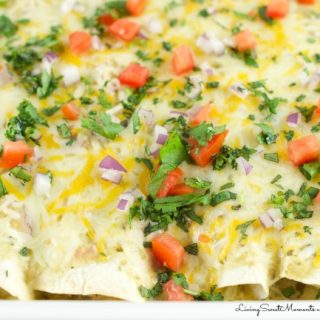 Easy Salsa Verde Chicken Enchiladas - Delicious creamy chicken enchiladas baked with a delicious salsa verde sauce. I used store bought chicken to save time